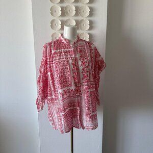 🌸 Boho Red & White Greek Cotton Tunic – One Size (Light & Airy)